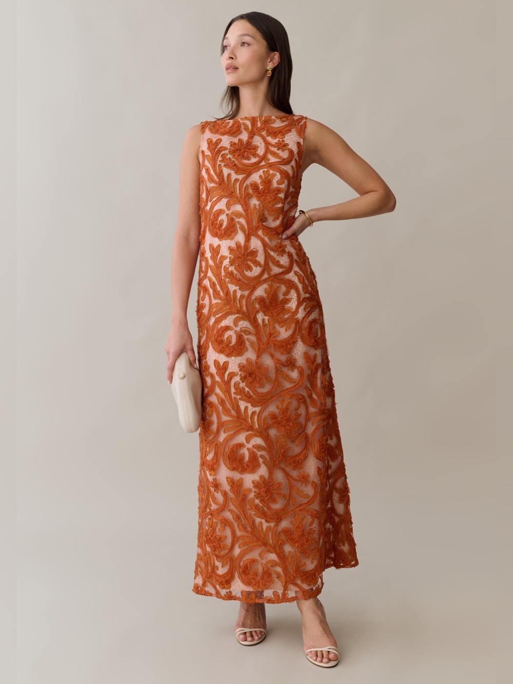 o.p.t. Few Moda Leanne Burnt Orange Embroidered Maxi Dress Open Back NWT